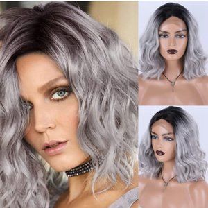 Grey Black Short Bob Natural Wave Wig